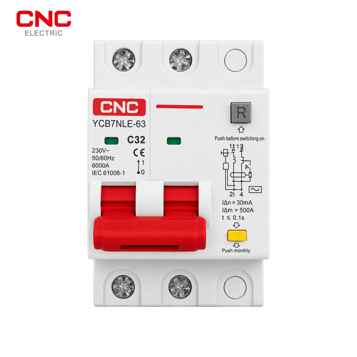 CNC YCB7NLE-63 C32 earth leakage breaker with red handle and yellow test button