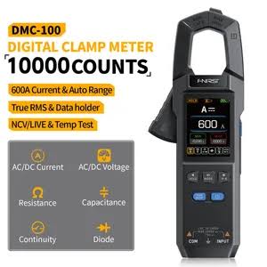 DMC-100 digital clamp meter product image showing 10000 counts, 600A auto range, True RMS, and the six measurement functions