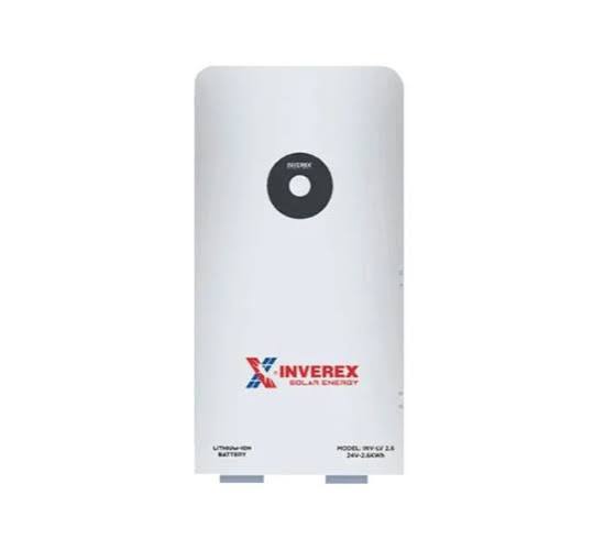 Front view of a white Inverex lithium-ion battery