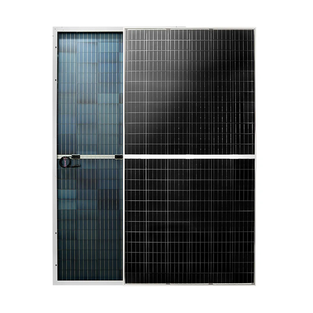 MP 525W bifacial half-cut photovoltaic solar panel, front and rear views