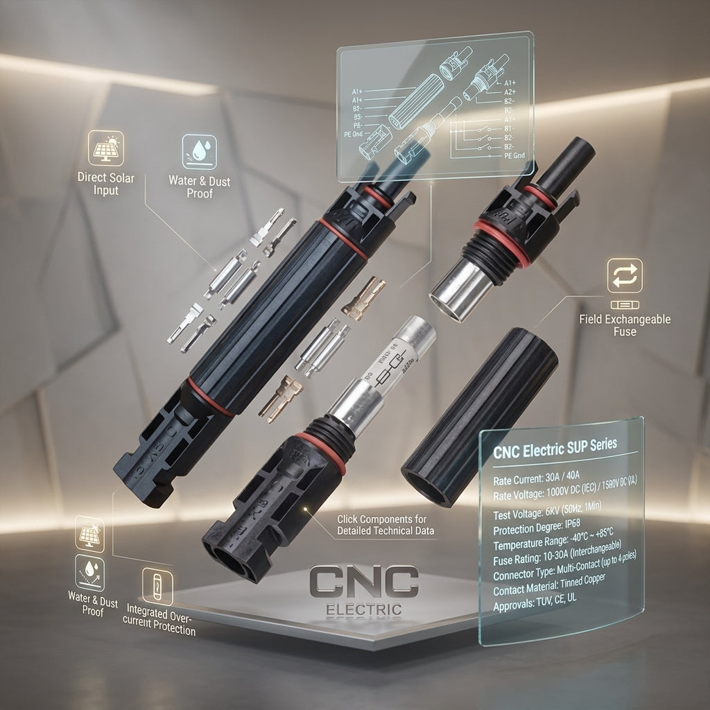 CNC MC4 inline fuse connector exploded view with replaceable fuse and specifications