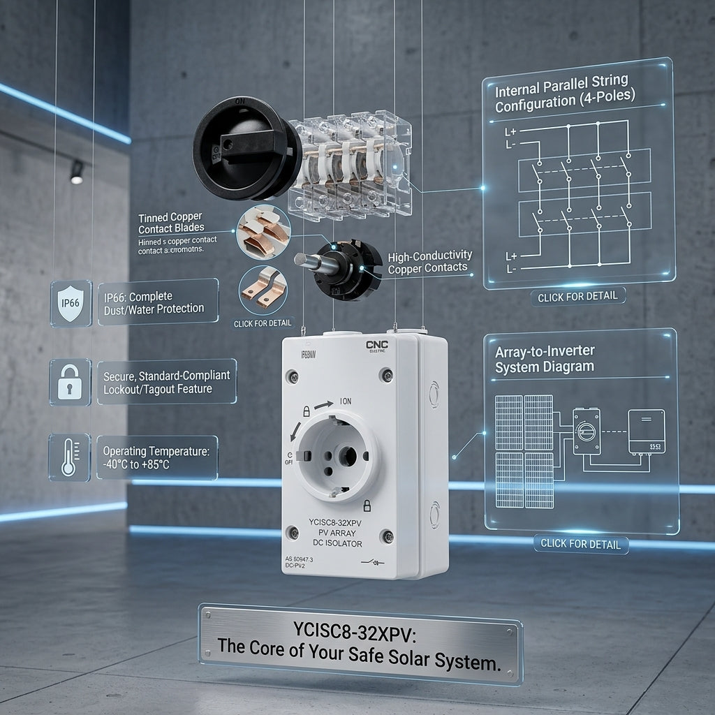 CNC 32A PV DC isolator internal parts and solar system diagram