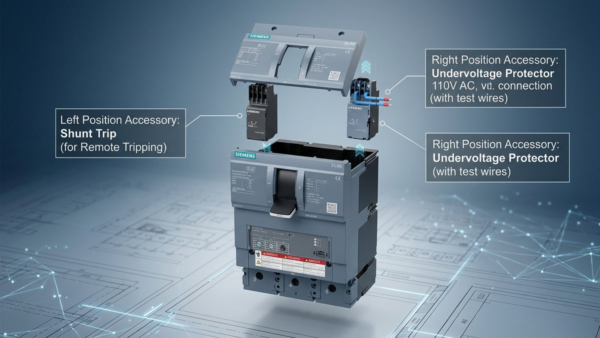 Siemens 3VA6 MCCB exploded view showing shunt trip and undervoltage release installation