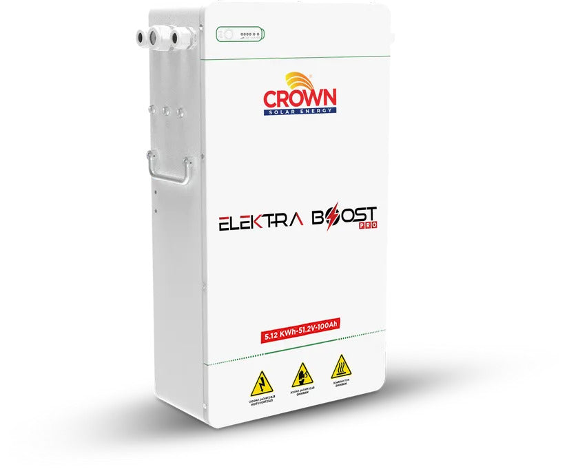 Crown Elektra Boost Pro battery labeled 5.12kWh, 51.2V, 100Ah