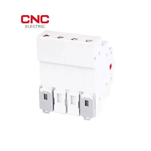Rear view of the CNC YCBZ-63 4 pole isolator switch showing the DIN rail mounting clips and rear terminals