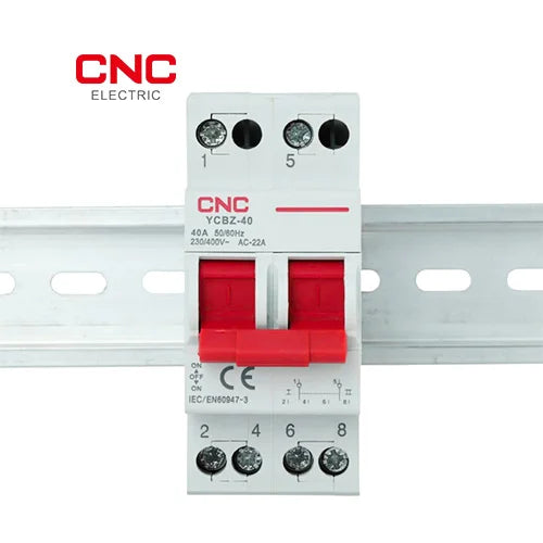 CNC YCBZ-40 2 pole isolator switch snapped onto a DIN rail, showing the label and the two red handles