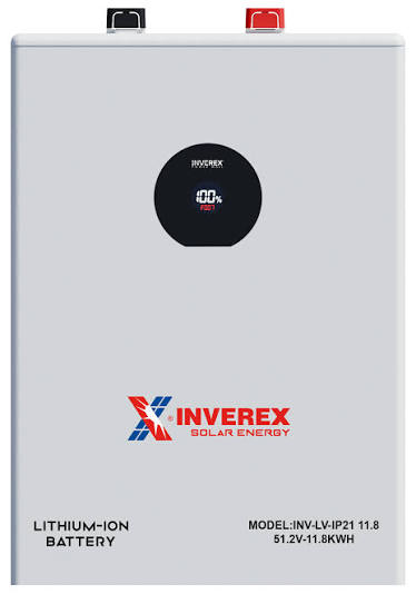 Multiple Inverex lithium-ion battery models shown together, including a unit marked 5.12kWh