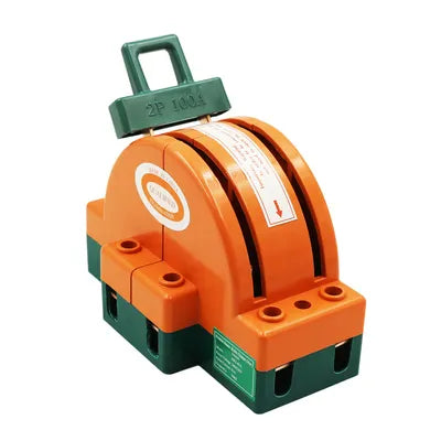Orange and green 100A 2 pole manual changeover knife switch with copper knife contacts