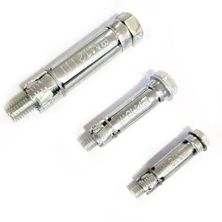 Three metallic Rawl bolts of different sizes with hex nuts, washers, and expansion sleeves