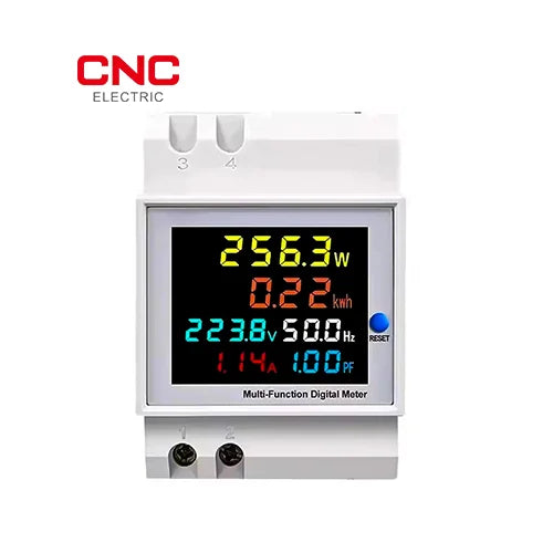 CNC multi-function digital DIN rail meter front view showing W, kWh, V, Hz, A, PF