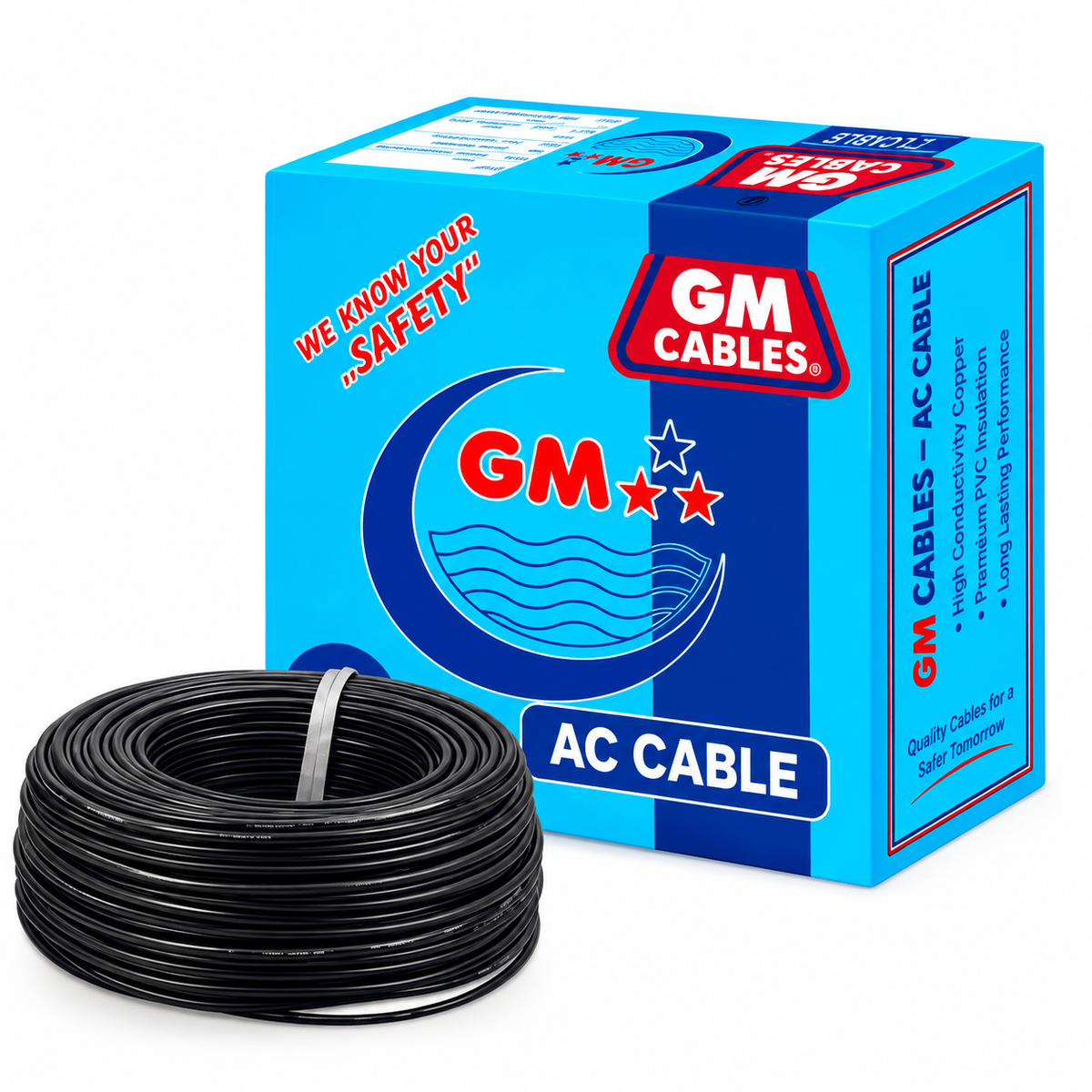 GM Cables AC cable chart showing white, blue, yellow, black and red colors and sizes from 6mm to 16mm