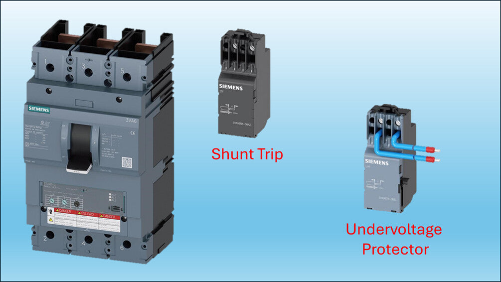 Siemens 3VA6 3 pole MCCB with shunt trip and undervoltage protector accessories