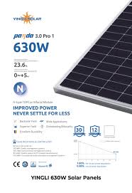 Yingli Panda 3.0 Pro 1 630W solar panel spec sheet infographic showing N-type badge, 0~+5 power tolerance and CE mark
