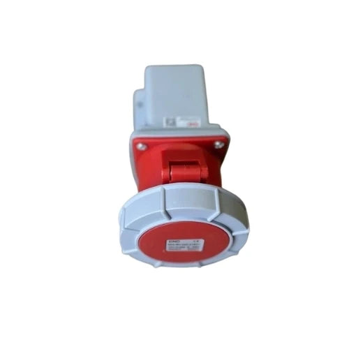 CNC industrial socket mounted on a wall, angled view of the red body with grey ring face