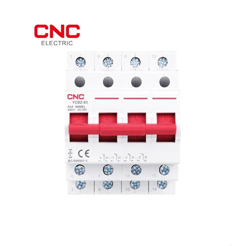 CNC YCBZ-63 4 pole isolator switch front view showing the label reading 63A 50/60Hz 230/400V AC-22A and four red ON/OFF handles