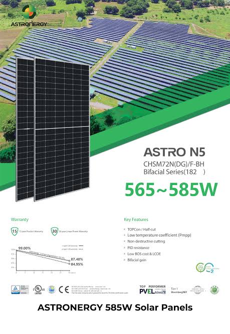 Astronergy ASTRO N5 CHSM72N(DG)/F-BH bifacial series infographic showing 565~585W, TOPCon technology, 15-year product and 30-year linear power warranty