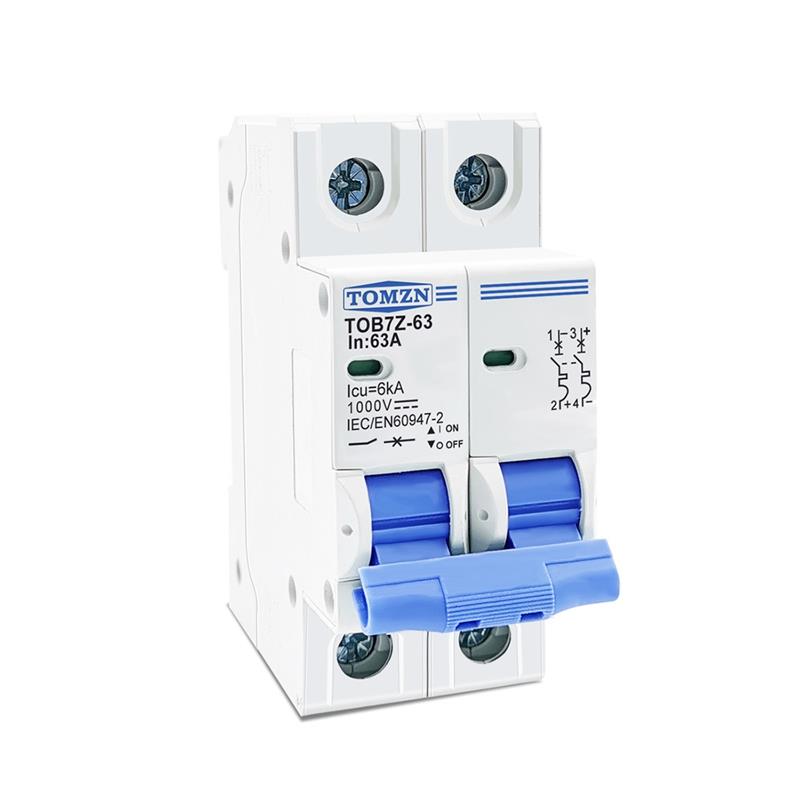 Front view of a TOMZN TOB7Z-63 two-pole DC miniature circuit breaker, marked 63A and 1000V DC