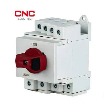 CNC 4 pole 32A DC isolator switch DIN rail with red lockable handle side view