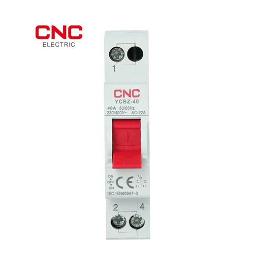 CNC YCBZ-40 isolator switch front view showing the label reading 40A 50/60Hz 230/400V AC-22A and the red ON/OFF handle