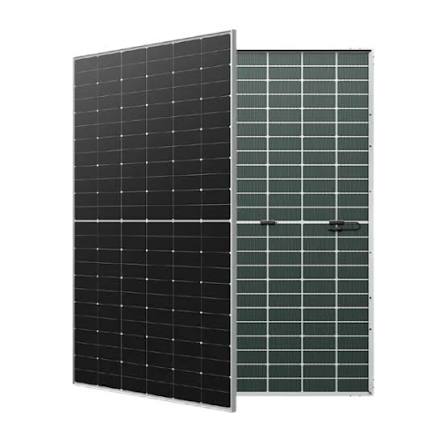 Hanersun solar panel shown from the front and back, with the back showing a transparent grid pattern