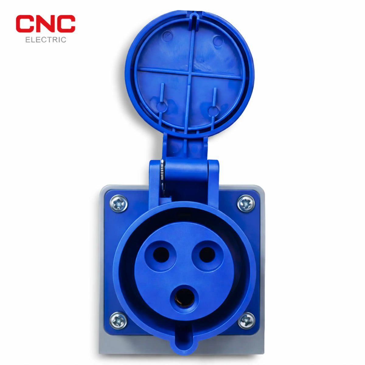 CNC industrial socket with hinged flip cover open, showing three round holes in the blue face