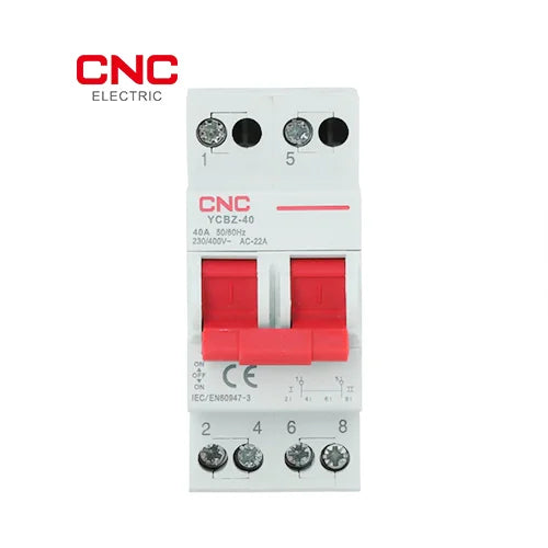 CNC YCBZ-40 2 pole isolator switch front view showing the label reading 40A 50/60Hz 230/400V AC-22A and the two red ON/OFF handles
