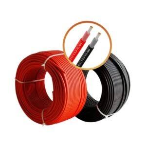 Red and black electrical cable rolls with cable end close-up