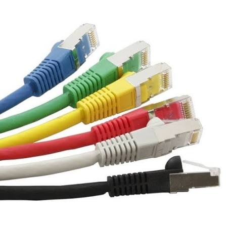 RJ45 Ethernet patch cables shown in blue, green, yellow, red, grey, and black