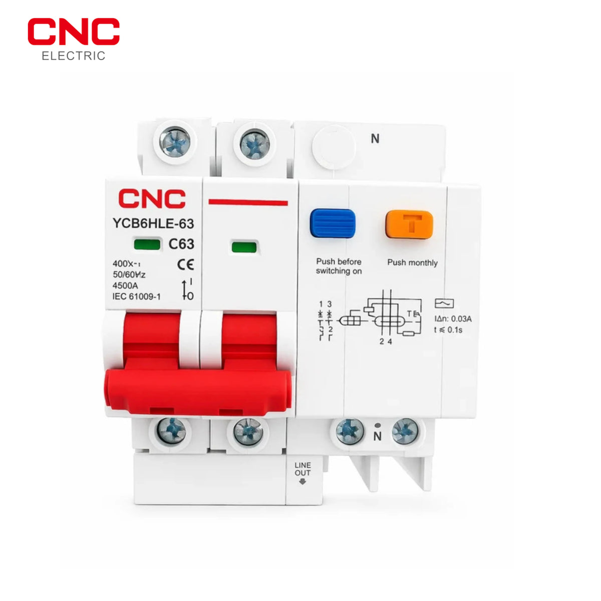 CNC YCB6HLE-63 C63 RCBO earth leakage breaker with red handle and test button
