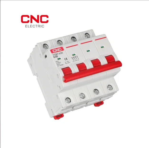 CNC YCB7-63N 4 pole MCB angled view with DIN rail clips