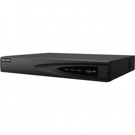 Black Hikvision DS-7608NI-Q1 network video recorder, front and side view