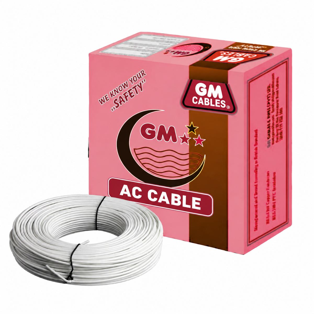 GM Cables AC cable packaging with red, black and blue cables