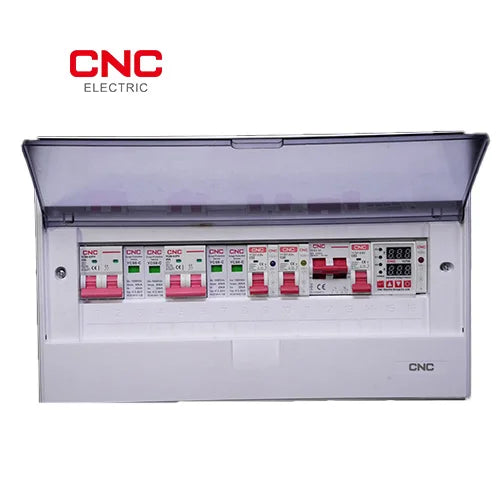 CNC Electric distribution box with hinged cover open showing example installed devices