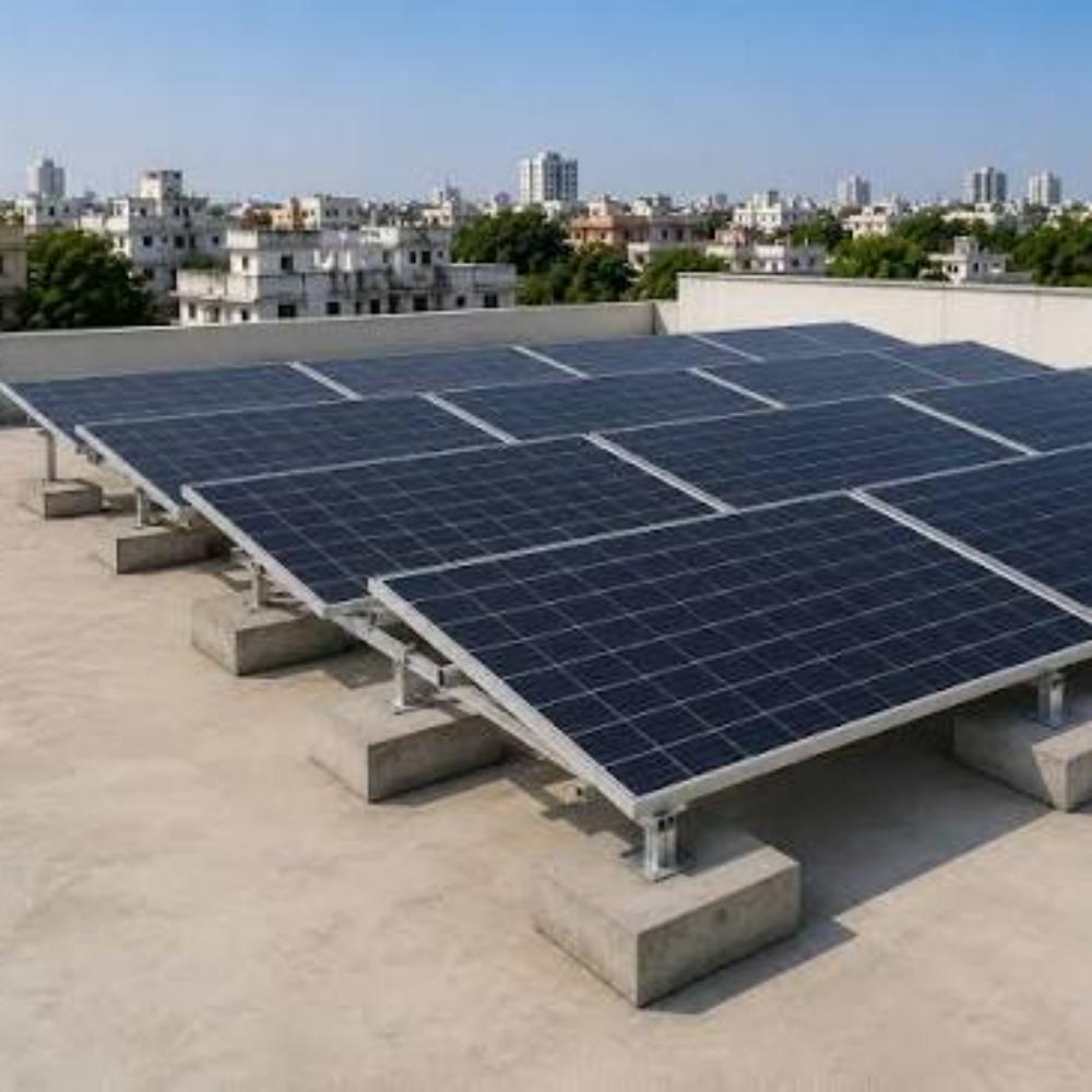 Solar panels installed on a rooftop in an urban area