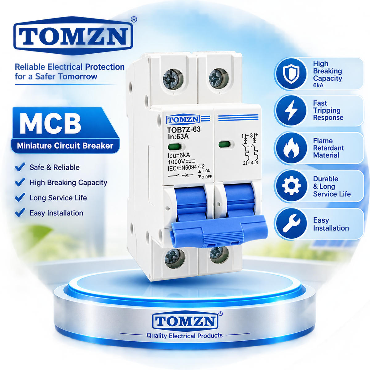 TOMZN TOB7Z-63 2-pole miniature circuit breaker graphic, marked Icu 6kA