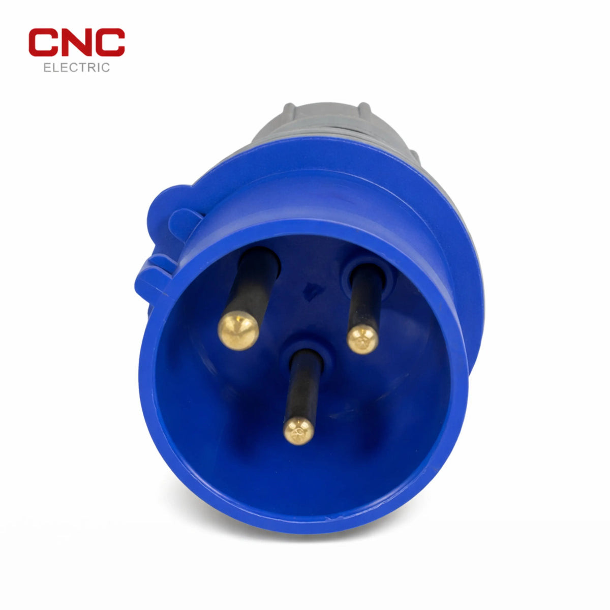 CNC industrial plug pin face showing three brass-tipped pins in the blue shroud