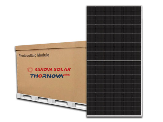 Sunova Solar photovoltaic module carton with Sunova Solar and Thornova logos beside a black bifacial panel