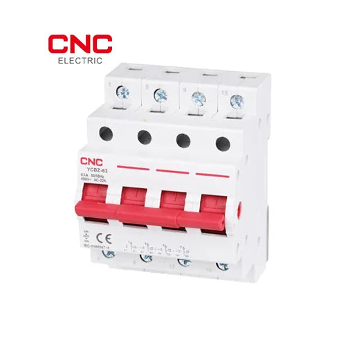 CNC YCBZ-63 4 pole isolator switch front view showing the label and four red ON/OFF handles joined by a linking bar