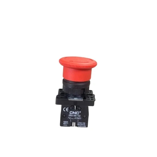 CNC emergency stop push button ZB2-BE101C, front view showing CNC logo, 22mm and AC15 markings