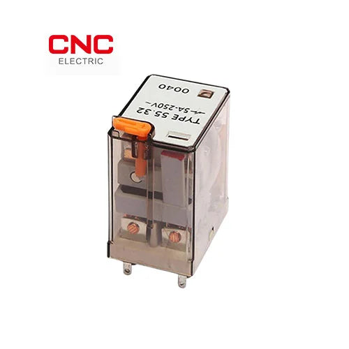 CNC miniature relay Type 55.32 with transparent housing, orange release lever, and label showing 230V~ AC coil