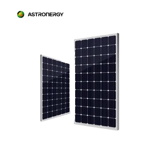 Two Astronergy ASTRO N5 bifacial solar panels with silver frames, angled view