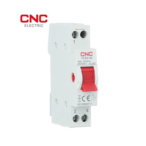 CNC YCBZ-40 isolator switch at an angle, showing the label and red ON/OFF handle