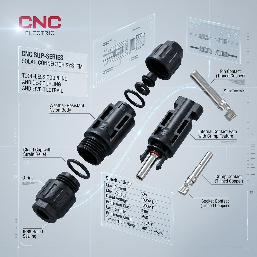 CNC MC4 solar connector exploded view with O-rings, gland cap and tinned copper pins