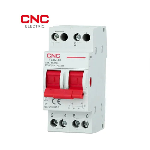 CNC YCBZ-40 2 pole isolator switch at an angle, showing the label and the two red handles