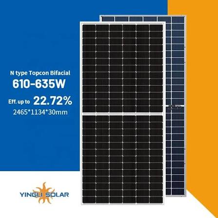 Yingli N-type TOPCon bifacial 610-635W series banner showing efficiency up to 22.72% and 2465 x 1134 x 30 mm dimensions
