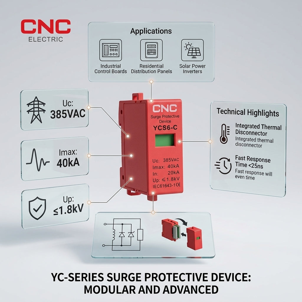 CNC YCS6-C SPD cartridge 385VAC supplier infographic with specifications: Imax 40kA, In 20kA, Up ≤1.8kV