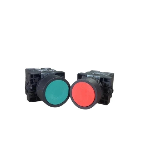 CNC green and red industrial push button switches side by side