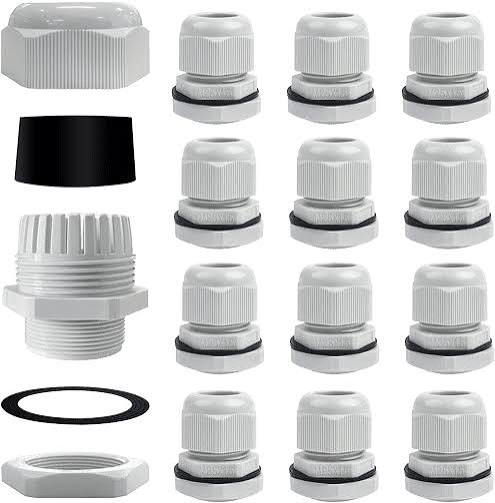 PG cable gland shown in exploded view with dome nut, seal, body, and locknut, plus a grid of assembled glands