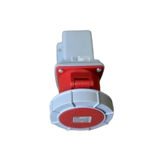 CNC industrial socket seen from the front, grey ring face with red center and label