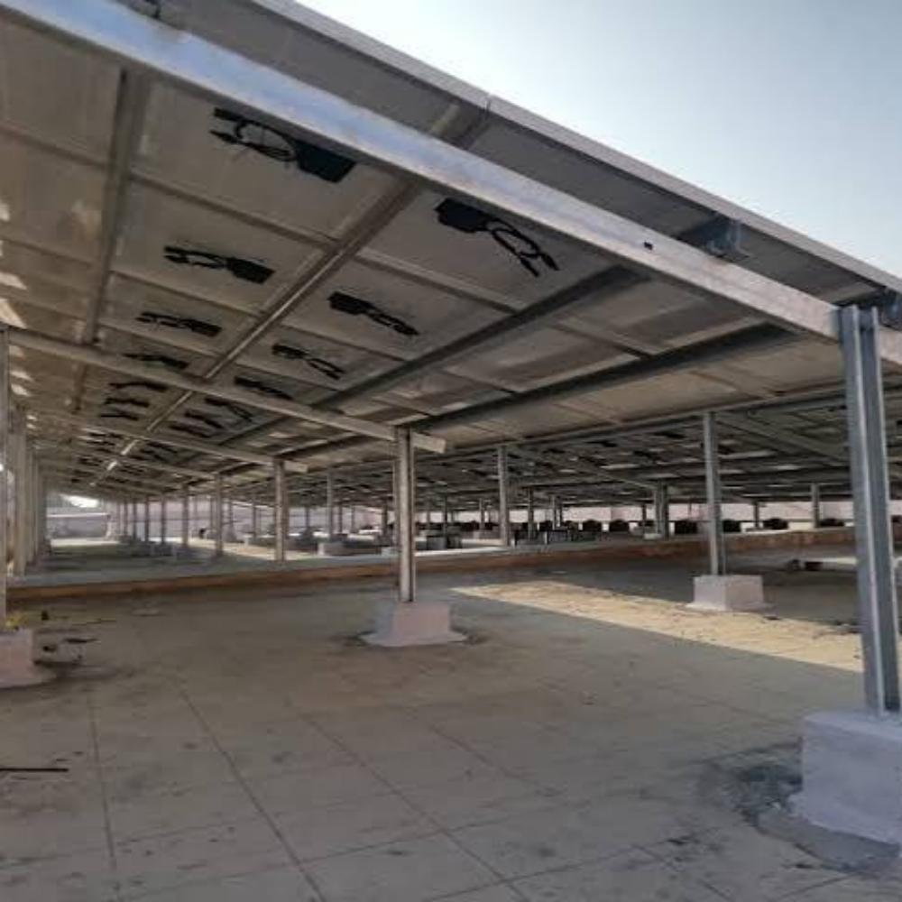 View beneath a raised solar panel mounting structure
